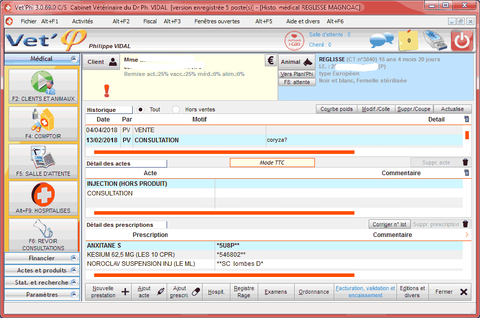 Ecran d'accueil de Vet'Phi, le logiciel vétérinaire intuitif de gestion de clientèle