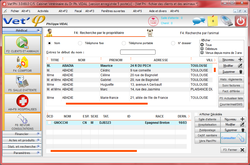 Ecran d'accueil de Vet'Phi, le logiciel vétérinaire intuitif de gestion de clientèle